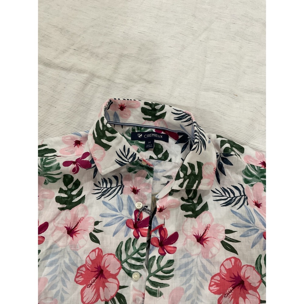 Cremieux French Linen Shirt Mens Medium White Pink Hibiscus Floral Tropical NWT